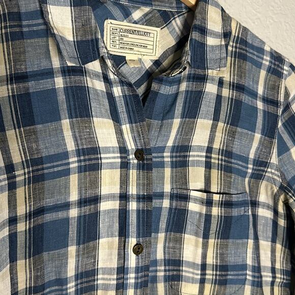 NEW Current / Elliot 100% Linen Picnic Plaid Slim Boy Shirt Blue Summer Vacation - Picture 7 of 8
